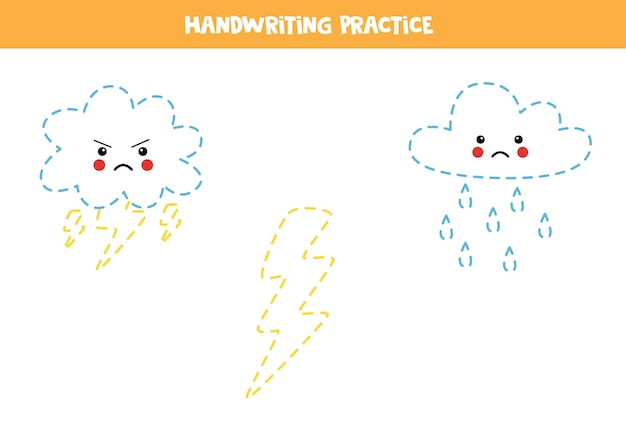Tracing lines for kids Cute lightning and clouds Writing practice