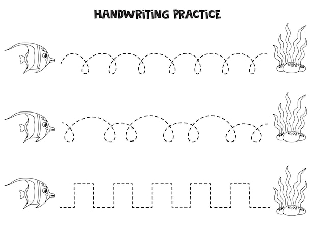 Tracing lines for kids cute moorish idol fish and seaweed writing practice