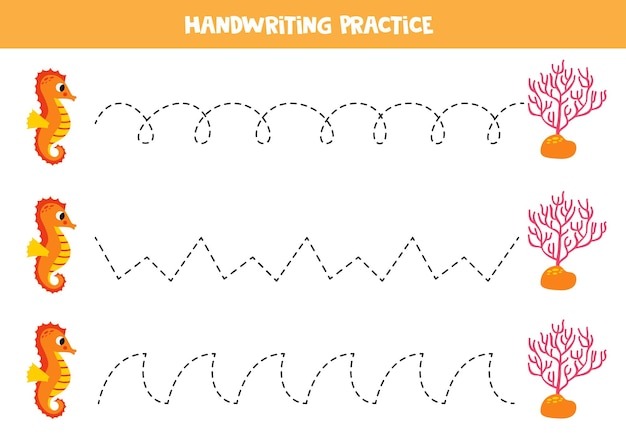 Tracing lines for kids Cute seahorse and coral