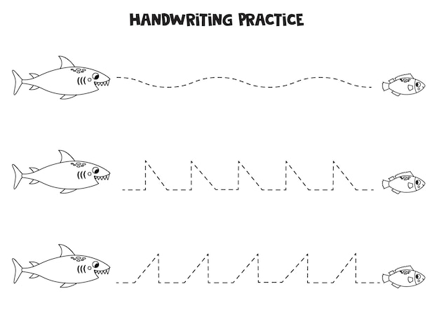 Tracing lines for kids Cute shark and fish Writing practice