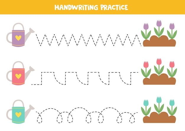 Tracing lines for kids Cute watering cans and flowers Writing practice