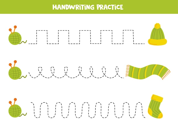 Отслеживание линий для детей Нарисованный вручную клубок пряжи и одежды Практика письма