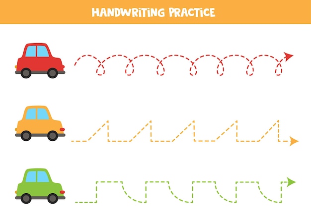 Tracing lines for kids with cartoon colorful cars. Handwriting practice.