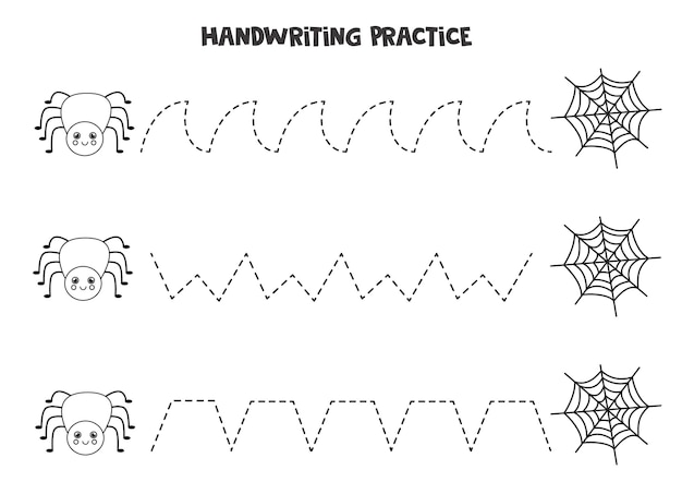 귀여운 흑백 거미와 웹이있는 아이들을위한 추적 라인. 어린이를위한 필기 연습.