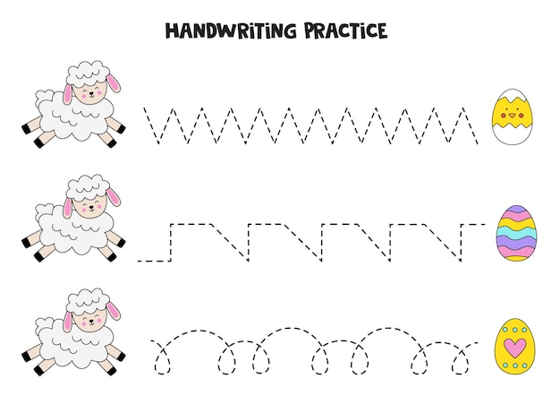 Vector tracing lines for kids with cute easter lamb handwriting practice