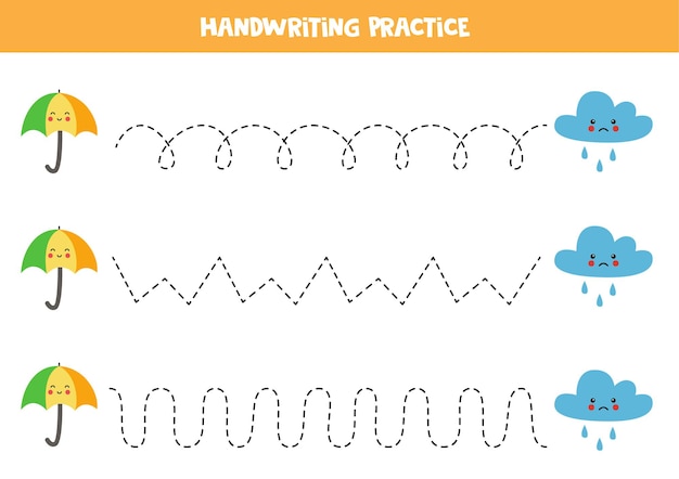 Tracciare linee per bambini con ombrello carino e nuvola piovosa. pratica di scrittura a mano per bambini.
