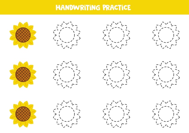 Tracciare le linee per i bambini con il fiore del sole vettoriale pratica della scrittura a mano