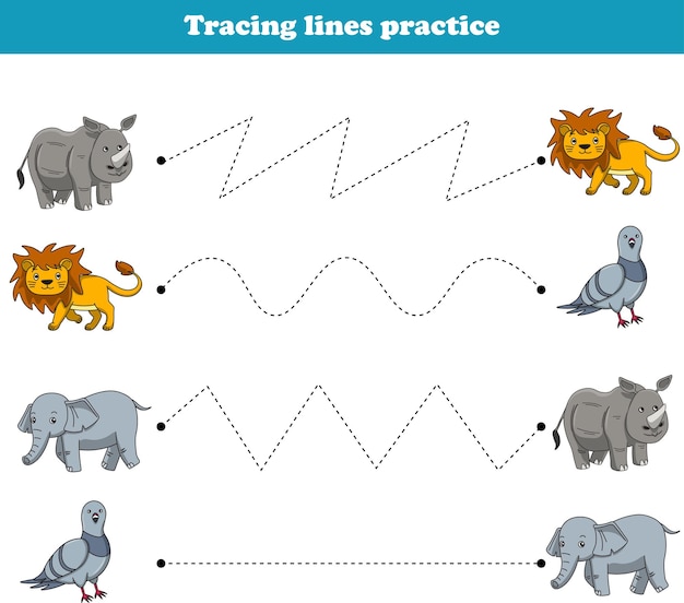 Tracing Lines neushoorn leeuw olifant duif Werkblad activiteit voor voorschoolse kinderen Vector illustrati