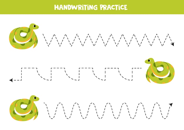 Tracing lines voor kinderen Leuke cartoon groene anaconda Handschrift oefening voor kinderen