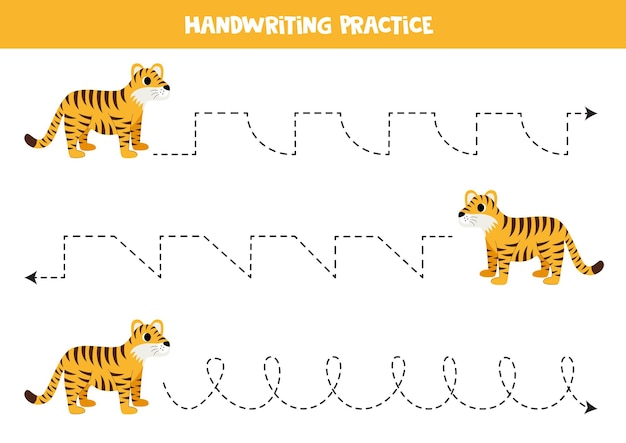 Tracing lines voor kinderen Leuke cartoon tijger Handschrift oefening voor kinderen