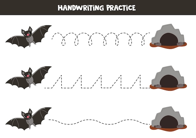 Tracing lines voor kinderen Leuke cartoon vampier vleermuis en grot Handschrift oefening voor kinderen