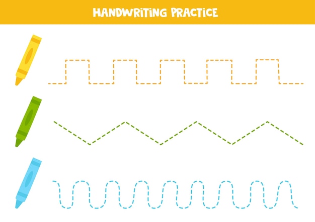Tracing lines with cartoon and colorful crayons. Writing practice.