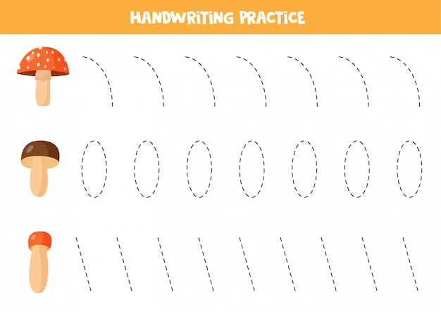 Трассировка линий с мультяшными лесными грибами. практика для детей.