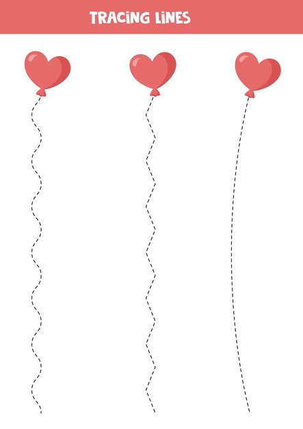 Трассировка линий с мультяшными сердечными воздушными шарами на валентинку. практика письма для детей.