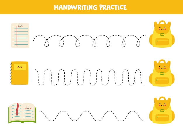 Vector tracing lines with cartoon sheet, notebook, book and rucksack. writing practice.