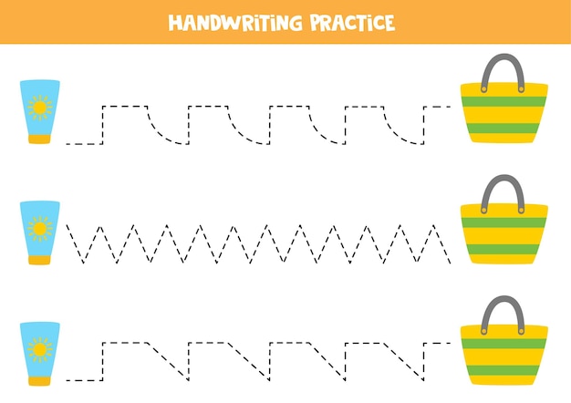 Обводка линий мультяшным солнцезащитным кремом и сумкой. письменная практика.