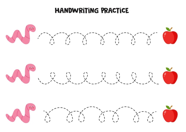 Tracing lines with cartoon worm and apple writing practice