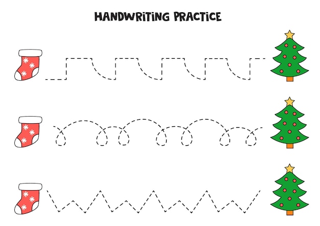 크리스마스 트리와 양말로 선을 추적합니다. 쓰기 연습.