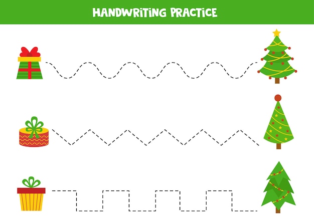 Tracing lines with Christmas trees and gift boxes. Educational worksheet. Writing sills practice.