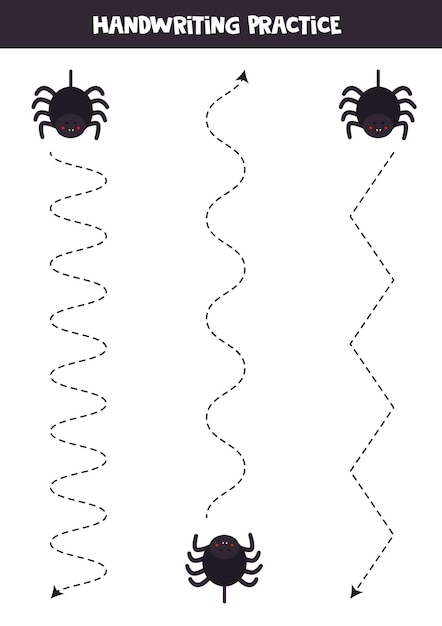 Tracing lines with cute black spiders. Writing practice.