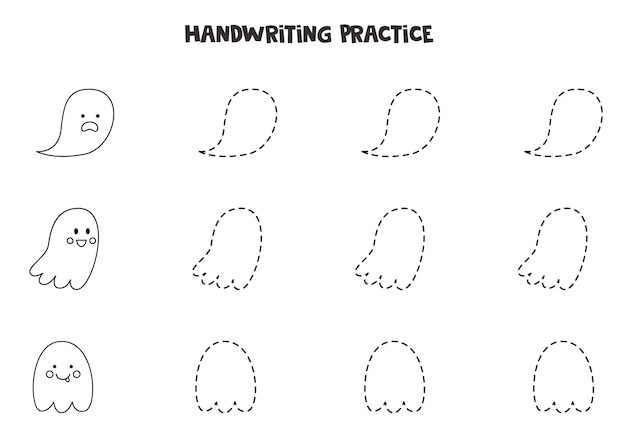 귀여운 흑백 유령으로 선을 추적합니다. 쓰기 연습.