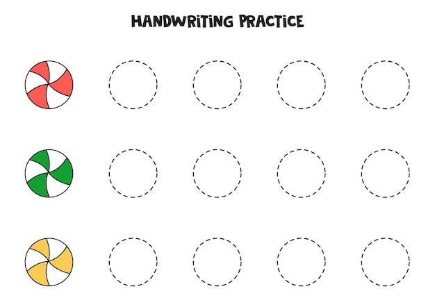 Tracing lines with cute cartoon Christmas candies. Writing practice.