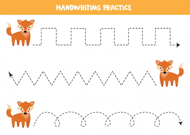 Tracing lines with cute cartoon fox. handwriting practice.