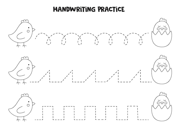 Vector tracing lines with cute easter chickens black and white writing practice