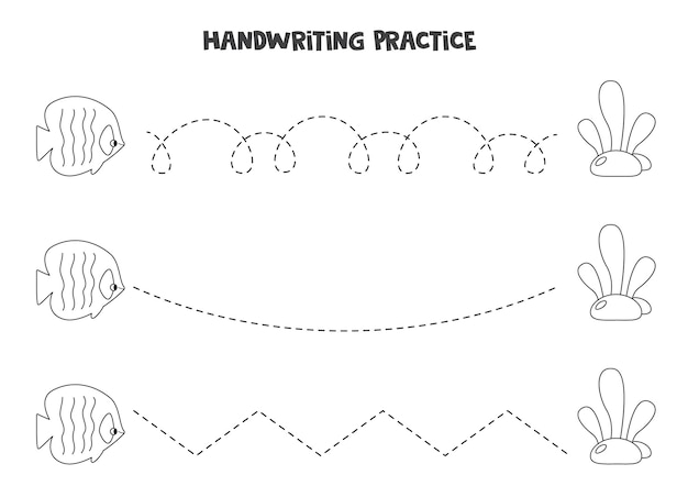 Vector tracing lines with cute fish and seaweed. writing practice.