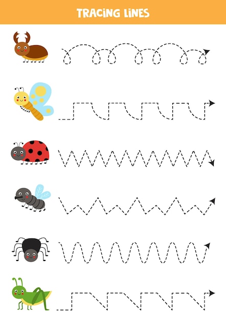 ベクトル かわいい虫とのトレースライン。ライティングの練習。