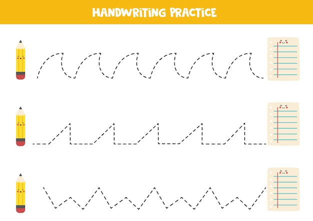 Tracing lines with cute pencil and sheet of paper Writing practice