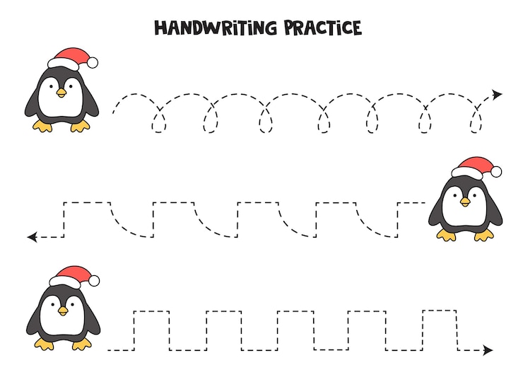 Vector tracing lines with cute penguin. writing practice.
