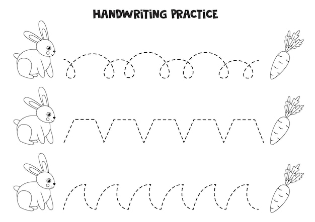 Tracing lines with cute rabbits and carrots. Writing practice.