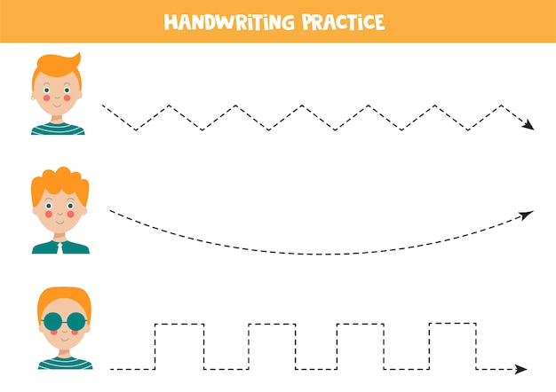Трассировка линий с симпатичными рыжими мальчиками практика письма для детей