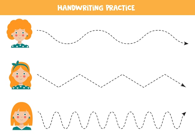 Вектор Трассировка линий с симпатичными рыжими девочками практика письма для детей