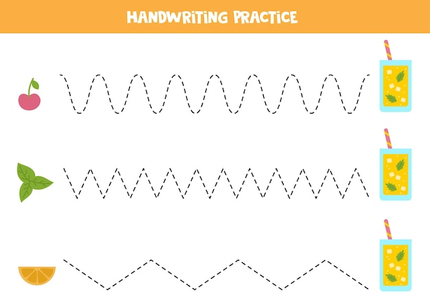 Vector tracing lines with cute summer cocktails writing practice