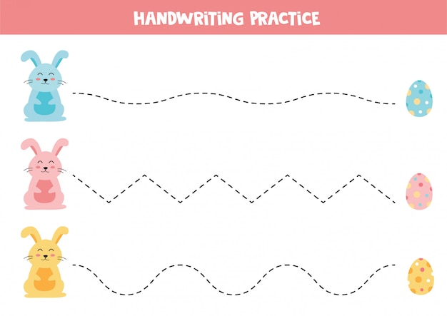 イースターバニーと卵のトレースライン。子供のための教育用ワークシート。