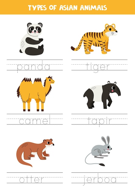 Tracing names of asian animal types writing practice