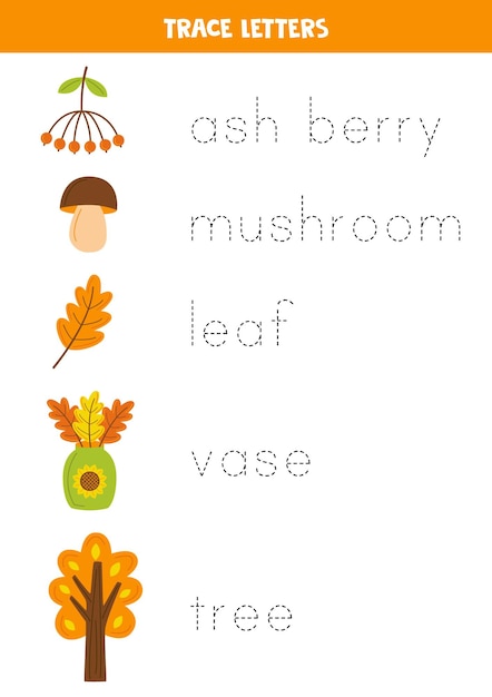 Tracing names of cute autumn elements writing practice