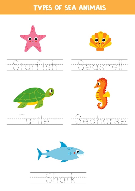 Tracing names of sea animal types Writing practice