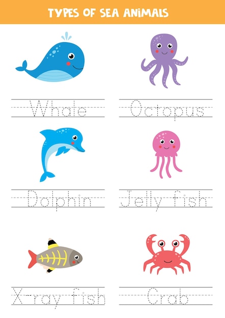 Premium Vector | Tracing names of sea animal types writing practice Premium Vector | Tracing names of sea animal types writing practice