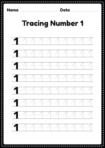Tracing number 1 worksheet for kindergarten and preschool kids