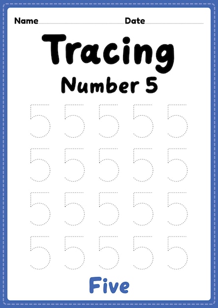 Tracing number 5 worksheet for kindergarten preschool and Montessori kids for learning numbers