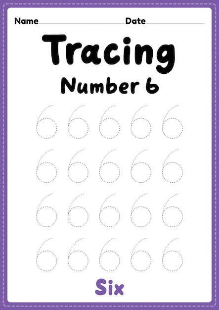 Tracing number 6 worksheet for kindergarten preschool and Montessori kids for learning numbers