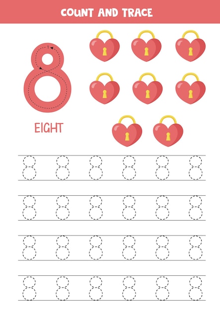 Tracing number eight. Preschool valentine worksheet. Number tracing.