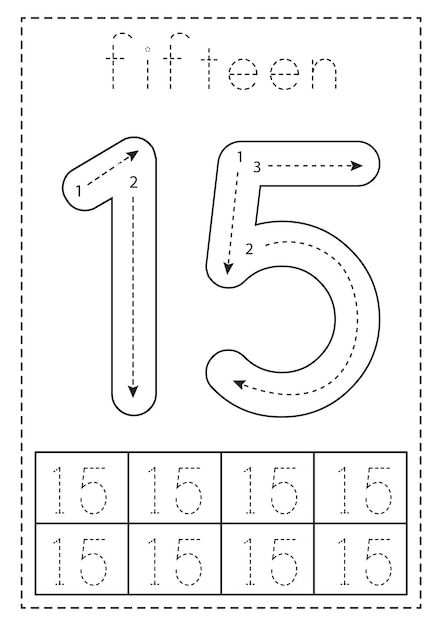 Vector tracing number fifteen preschool worksheet black and white