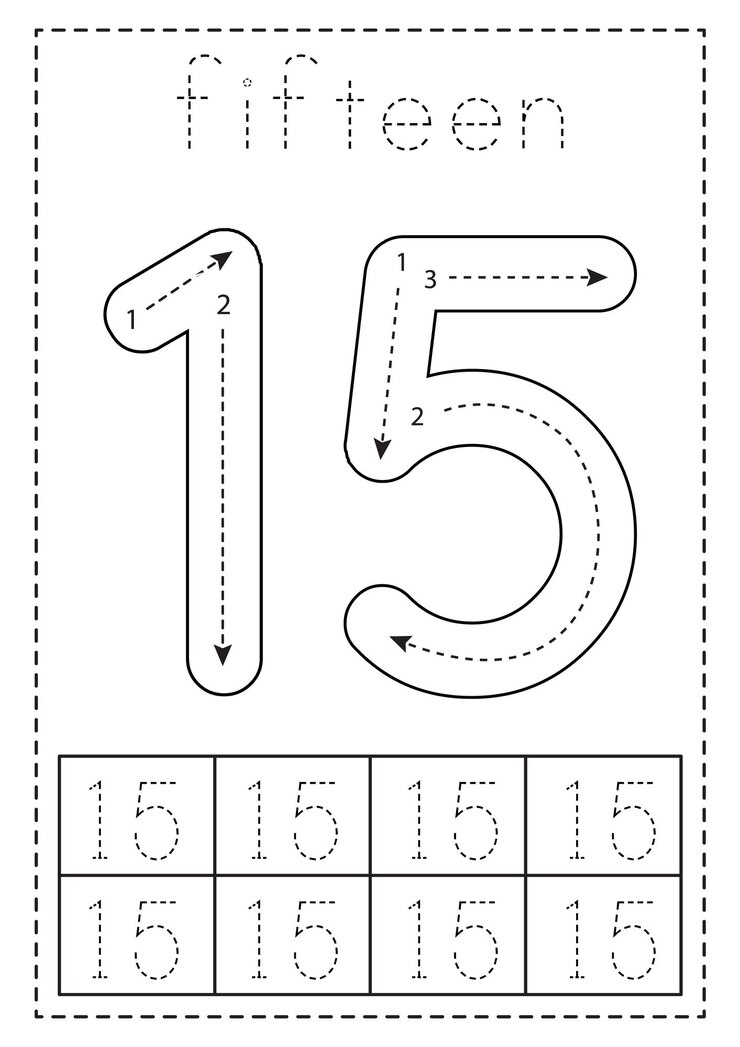 Vector tracing number fifteen preschool worksheet black and white