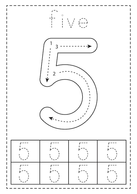 Tracing number five Preschool worksheet Black and white