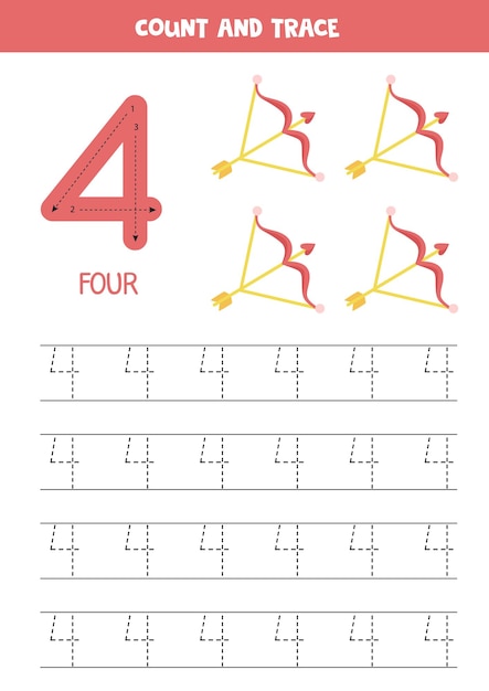 Tracing number four. preschool valentine worksheet. number tracing.