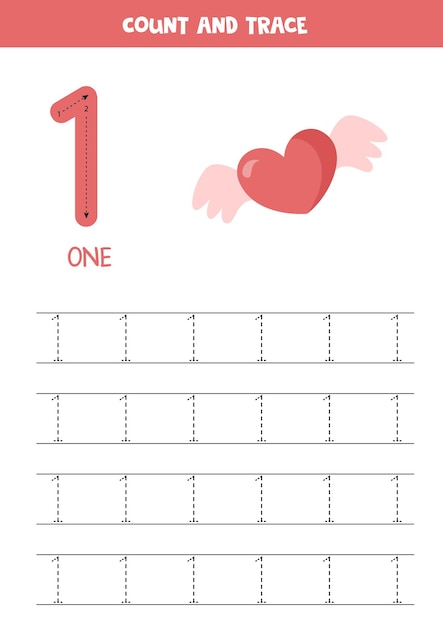 Tracing number one. Preschool valentine worksheet. Number tracing.